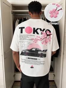 TOKVUE 男士休闲流行日系赛车元素樱花泡沫印花3D印花日常百搭男友/老公礼物纪念日礼物白色T恤 - 白色 - 查看 5