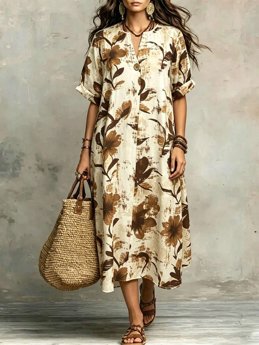 SHEIN Plus Size Women's Casual Printed Dress, Notch Collar, Shirt Sleeves, Midi Length, Suitable For Daily Outings, Walking, Countryside Leisure, Daily Home Wear, Grocery Shopping, Simple Styling, Vintage Retro Style, Spring/Summer/Autumn - Multicolor - View 1