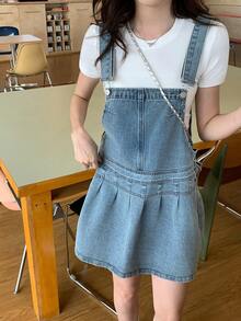 DAZY Women's Girls Korean Style Washed Casual Denim Dress School Cute Tops - Blue - View 1