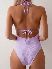 Bonvoyette Women's Summer Beach Party Vacation Textured Fabric Beaded Decor Halter Neck Tie Backless Sexy One-Piece Swimsuit Purple - Purple - View 2