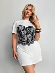 Auralis Basic Summer White Short-Sleeved Plus-Size Loose Straight Dress With Lace Print, Modern And Elegant Sexy. Date Night - White - View 6
