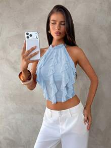 Aloruh Spring/Summer New Rave Tropical Backless Lace-Up Design Slit Baby Blue Elegant Multi-Layer Ruffle Decor Halter Neck Top, Tank Top - Baby Blue - View 5