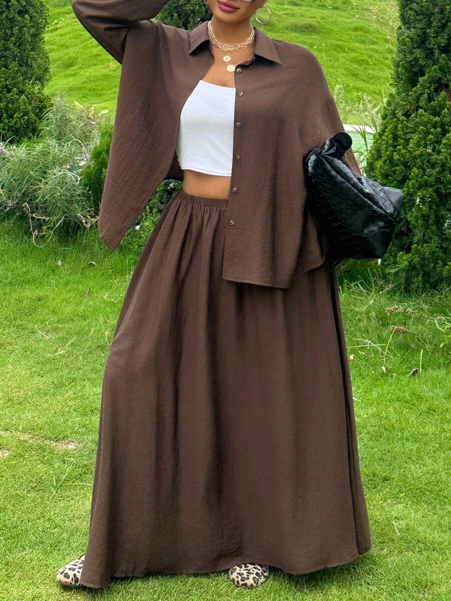 Dazy Plus Western Style Beach Vacation Solid Color Faux Denim Linen Material Loose Minimalist Spring Autumn Plus Size Women's 2-Piece Set - Brown - View 1