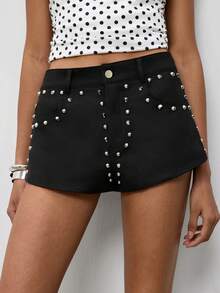 Maija Women's Summer Fashion Studded Shorts - Black - View 4
