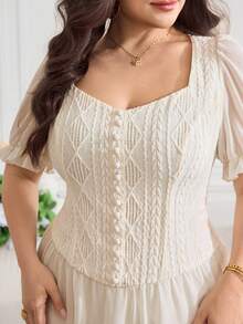 Modelyn Plus Size Women's Geometric Textured Short Puff Sleeve Elegant Dress Wedding Guest White Summer - Apricot - View 5