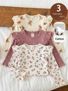 LMoss Kids Baby Girl Autumn/Winter Cute Versatile Casual Knit Solid Color Flutter Sleeve Long Sleeve Top 3-Piece Set - Multicolor - View 4