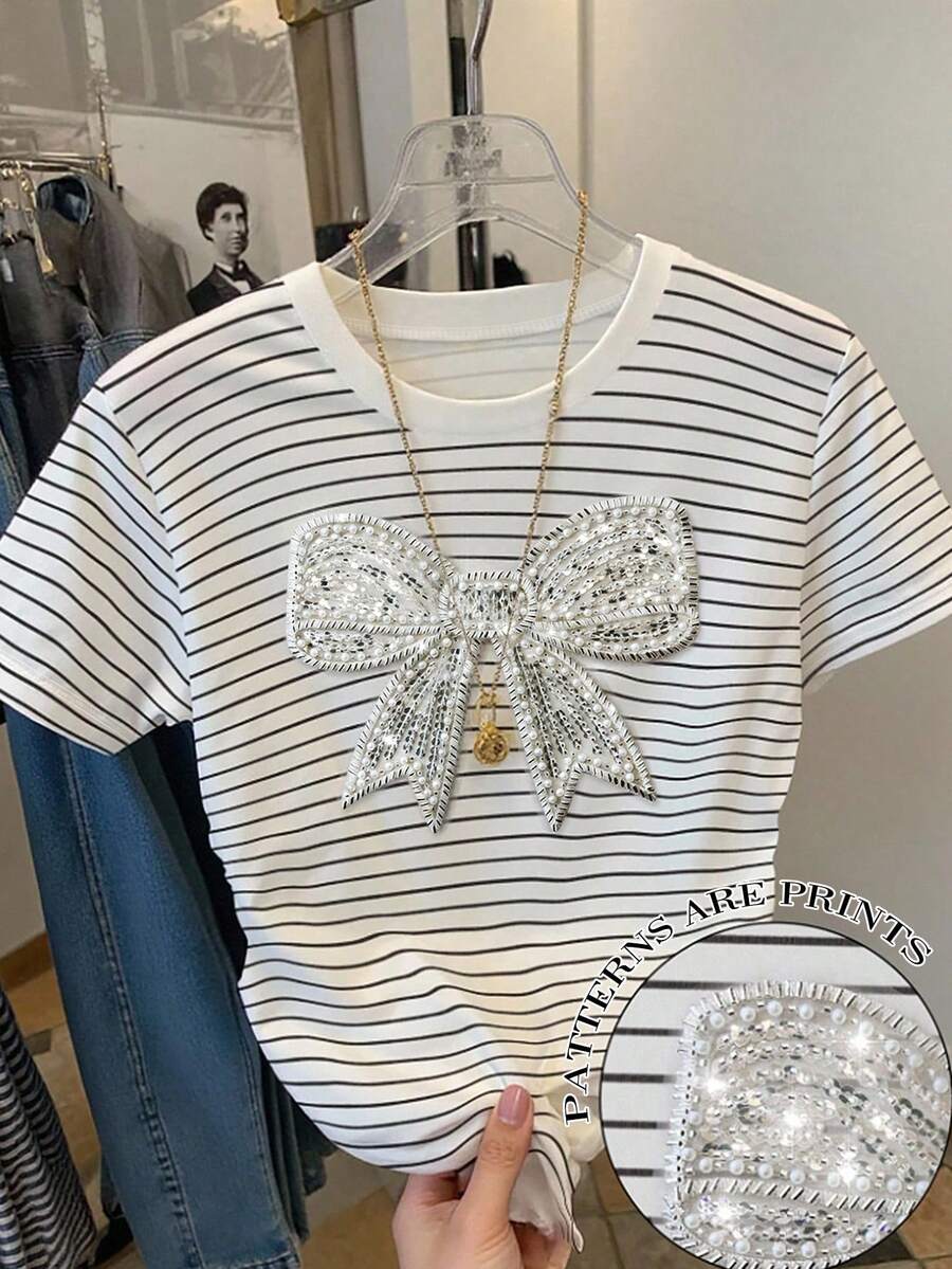少女休闲条纹蝴蝶结印花修身短袖上衣，适合日常穿着，夏季 - 彩色 - 查看 1