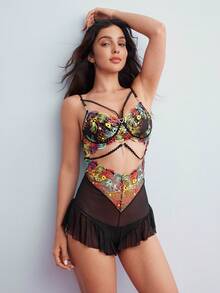 Elorette Elegant Retro Colorful Embroidery Backless Mesh Ruffle Hem Sexy Women Lingerie Jumpsuit - Black - View 1