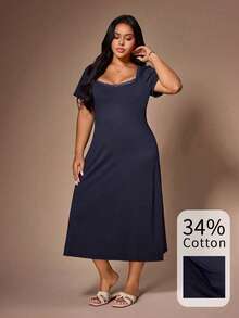 Lazeform Navy Blue Comfortable Fitted Sleepwear Dress, Slimming Plus Size For Summer - Navy Blue - View 5
