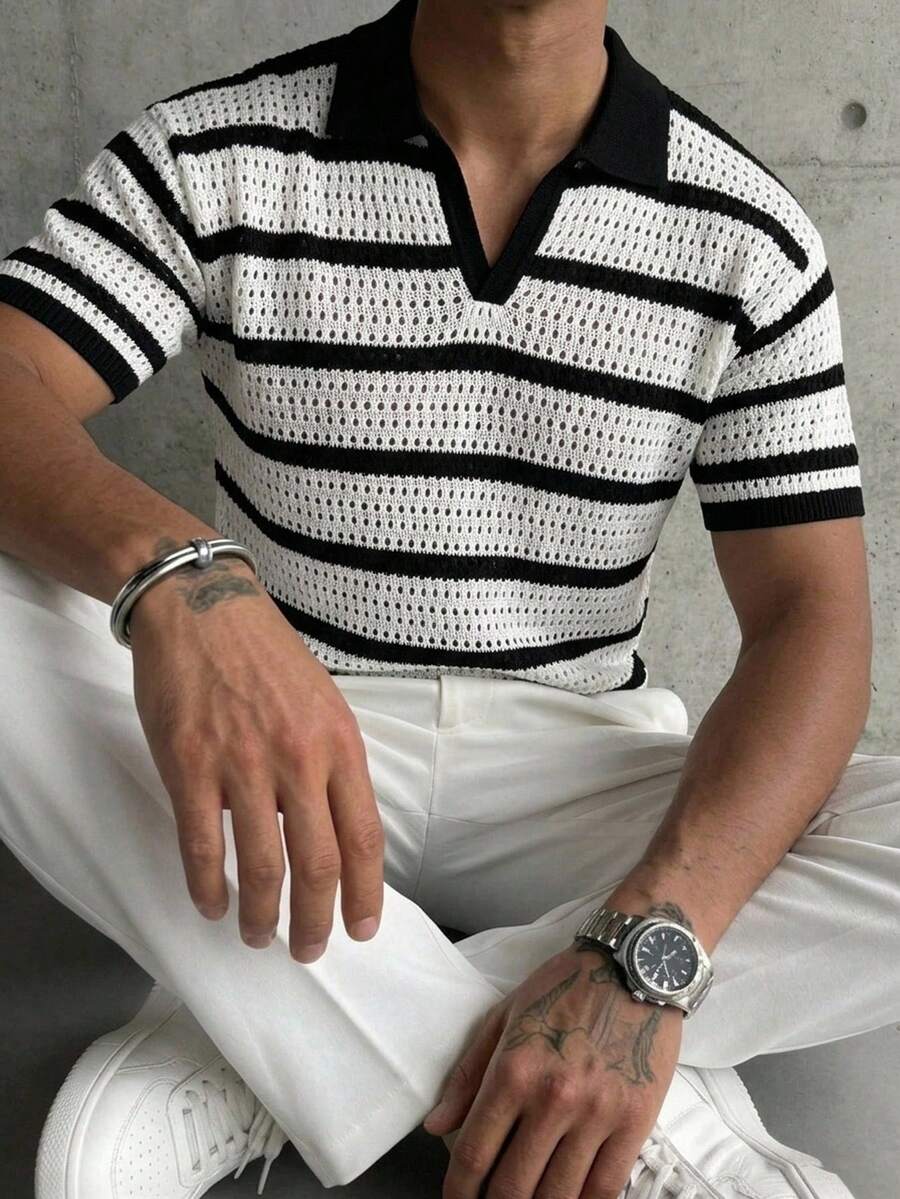 Manfinity LEGND 男士拼色條紋 Polo 領針織短袖上衣,適合日常穿著 - 黑與白 - 查看 1