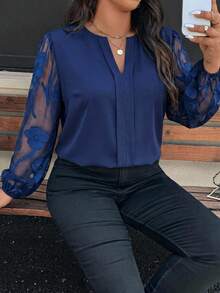 Reflora Plus Size Women's Notch V-Neck Lace Patchwork Business Elegant Shirt Formal Office Navy Blue Autumn,Graduation Outfit For Mother Fall - Blue - View 3