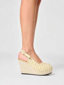 ROMWE Fairycore Women's Platform & Wedge Slip-On Shoes, Pointed Toe Buckle Decor, Suitable For Vacation Season, Spring/Summer - Yellow - View 5