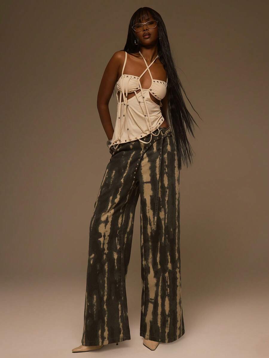 MUSERA Abstract Print Print Denim Studded Wide Leg Jeans - Multicolor - View 1