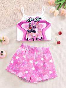 Young Girls Casual Minimalist Cartoon Print Camisole Top And Shorts Loungewear Set, Suitable For Summer - Multicolor - View 3