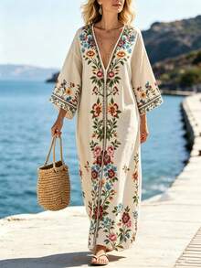 Ceyna Plus Size Deep V-Neck Symmetrical Placement Print Long Loose Dropped Shoulder Dress - Apricot - View 2