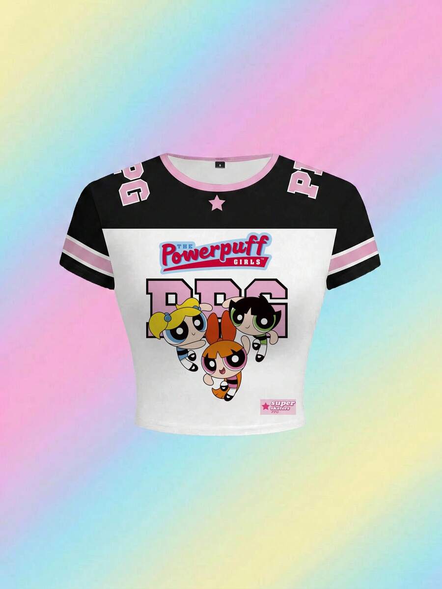 THE POWERPUFF GIRLS X SHEIN 女士圆领短袖露脐T恤 - 白色 - 查看 1