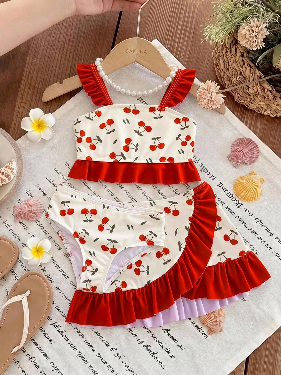 SHEIN 少女夏季海灘櫻桃印花荷葉邊比基尼三角泳褲兩件式泳衣套裝附裙子 - 彩色 - 查看 1