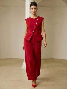 ZEYLAH Conjunto de 2 piezas con top de cuello redondo y pechera asimétrica sin mangas y pantalones largos - Rojo - Ver 4