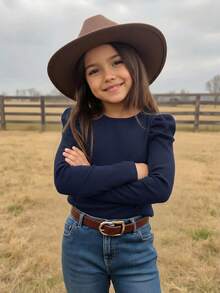 Emery Rose Kids Emery Rose Kids 青少年女孩修身復古羊腿袖假領T恤 運動風 適合休閒日常穿著 返校季 校園穿搭 海軍藍 秋季 - 藏蓝色 - 查看 5