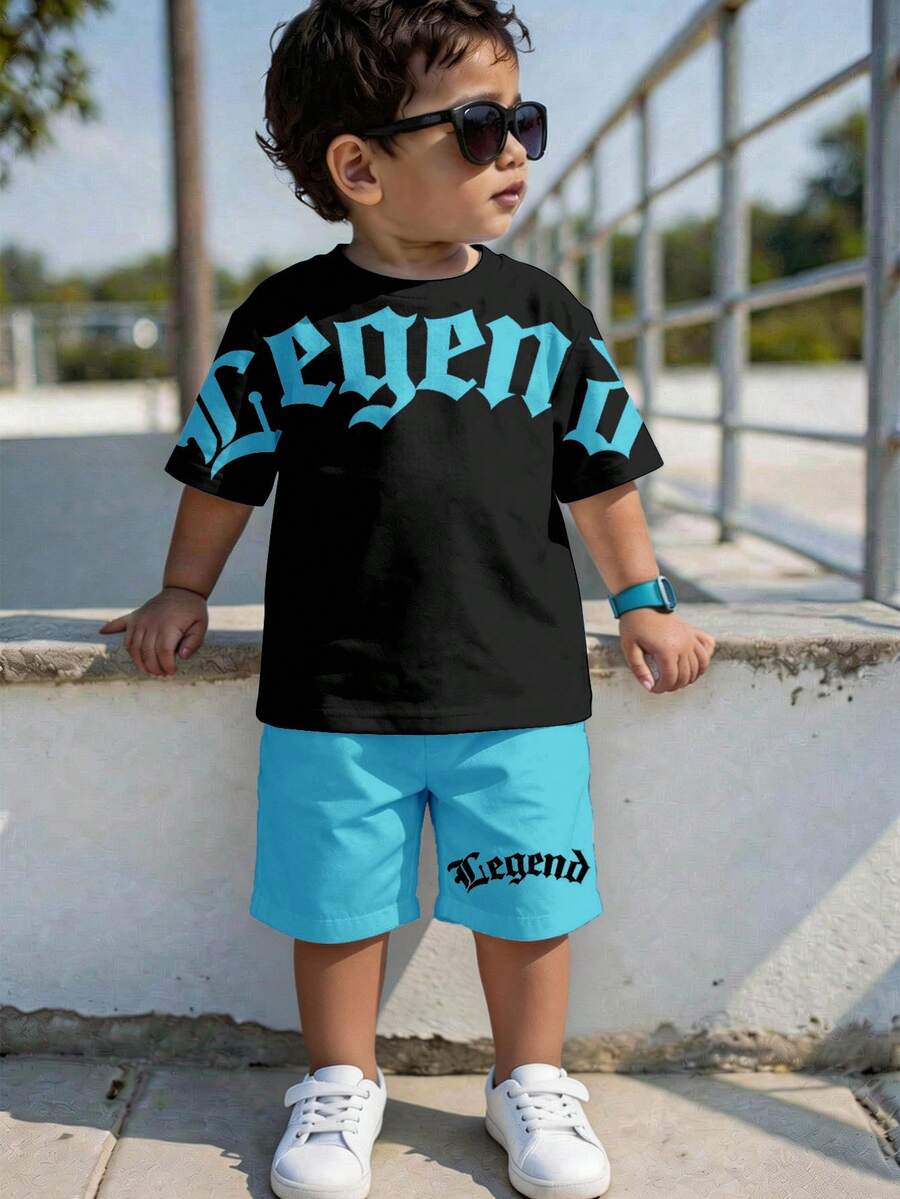 Kids Young Boy Round Neck Short Sleeve Printed Casual Simple T-Shirt And Shorts Set - Multicolor - View 1