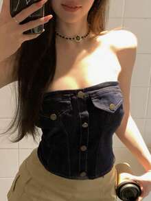 DAZY 春夏音樂節平口式背心上衣 時尚派對修身顯瘦優雅通勤女款牛仔上衣 - 深色水洗藍 - 查看 9