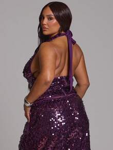 MUSERA Plus Size Sequin Halterneck Plunge Fitted Top Ibiza Festival Sexy Spring Summer Vacation Holiday Elegant Beach Obsidian - Purple - View 4