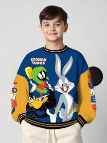 LOONEY TUNES X SHEIN 青少年男孩休闲拼色卡通图案圆领运动衫，秋季 - 白色 - 查看 3