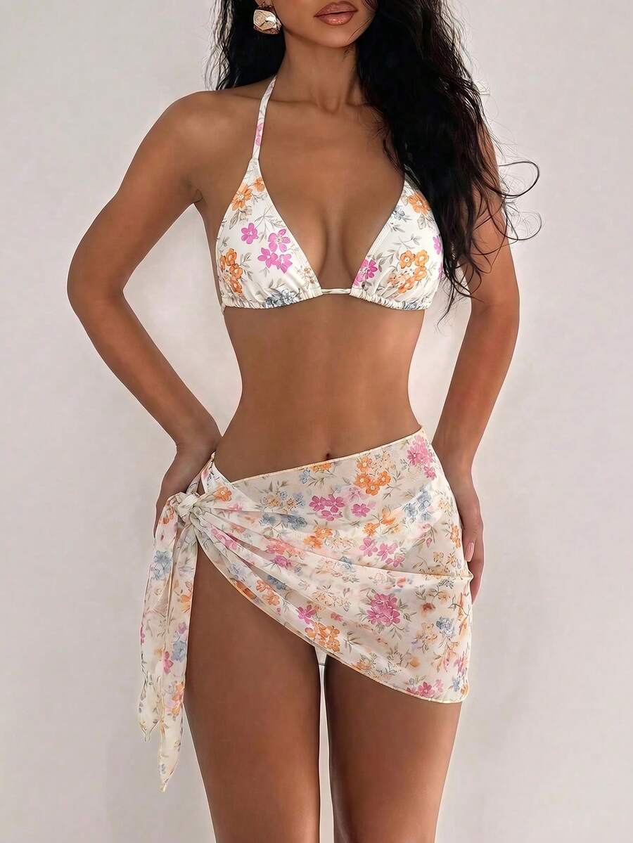Swim Mod 女款海灘度假波點印花掛脖綁背性感比基尼三件組 - 彩色 - 查看 1