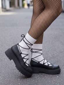 Women's Drawstring Platform Shoes - Black - View 3