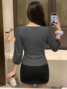 DAZY 女款夏季 2 合 1 荷葉邊蝴蝶結短袖 T 恤 - 灰色 - 查看 2
