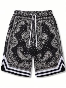 Manfinity Dauomo Men's Vacation Cashew Pattern Print Striped Drawstring Waist Pocket Shorts - Black - View 5