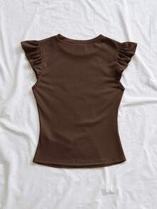 Soleia WYWH Vacation Ruffle Trim Ribbed Dark Brown Knit Tee Going Out Summer Casual - Coffee Brown - View 2