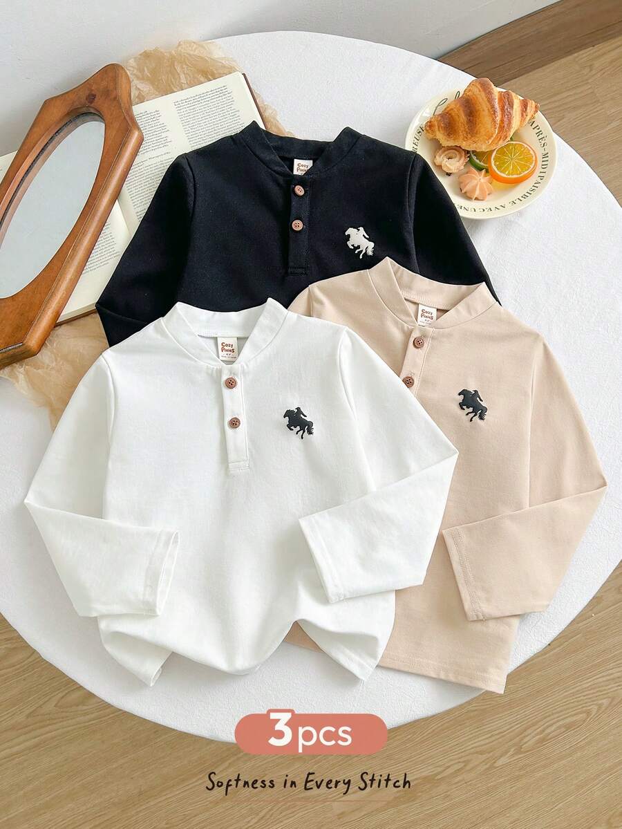 Cozy Pixies Kids Young Boy Knit Solid Color 3pcs -Piece Short Sleeve Top Set, Casual And Comfortable - Multicolor - View 1