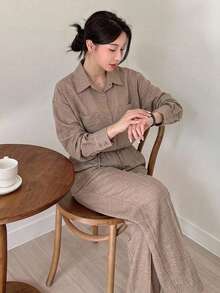 DAZY 女款 2 件套：寬鬆休閒翻領襯衫與配套長版寬腿褲，秋季 - 卡其色 - 查看 1
