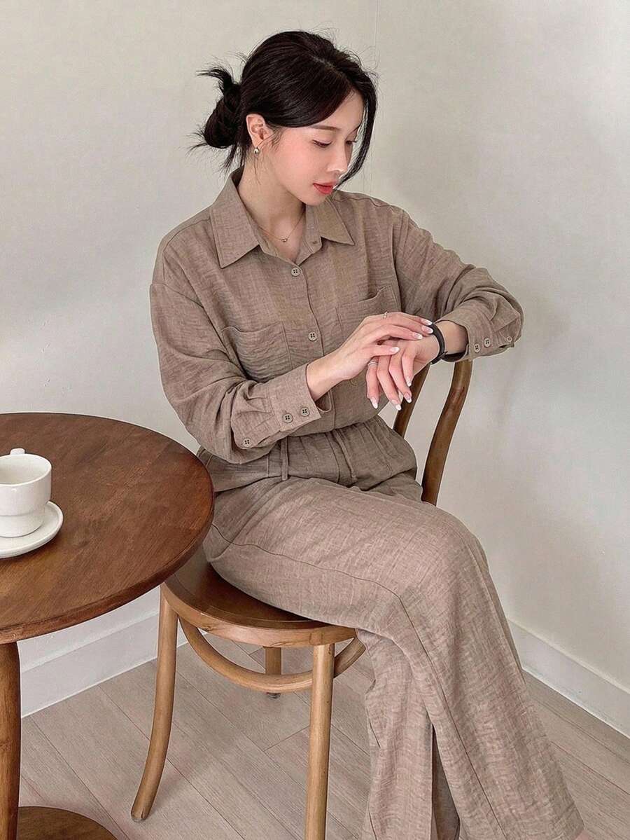 DAZY 女款 2 件套:寬鬆休閒翻領襯衫與配套長版寬腿褲,秋季 - 卡其色 - 查看 1