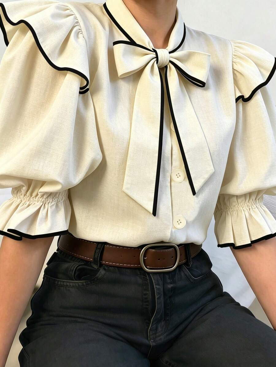 EMERY ROSE 女款蝴蝶結裝飾泡泡袖休閒時尚襯衫