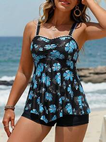 Swim Lushoire Women's Printed Contrast Color Tankini Set (2pcs) With Ruched Bust - Multicolor - View 3