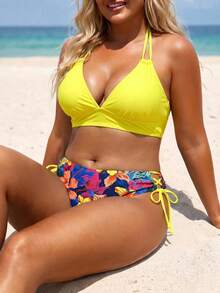 Swim Lushoire Traje de baño de 2 piezas para mujer talla grande con top halter de cuello en V color liso & Bottom de bikini triángulo con cordón estampado para vacaciones y playa - Multicolor - Ver 10