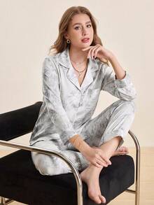 Hourtrue 2pcs Women's Ink Printing Ice Silk Simple Home Wear Long Sleeve Top And Pants Pajama Set, Two Pieces Set, Fall Winter Clothes - Grey - View 5