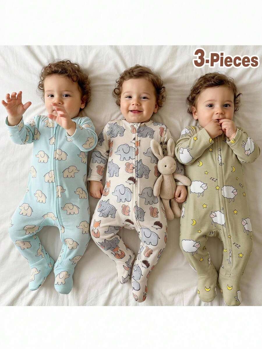 Loomiva Baju Bayi Laki-laki Baru Lahir Motif Kartun Gajah, Tupai, dan Domba 4 Musim Minimalis Nyaman Lengan Panjang Leher Bulat Resleting Lembut Ramah Kulit Rajut Bergaris untuk Rumah 3pcs/Set - MultiWarna - View 1