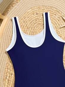 SHEIN Traje de baño de una pieza con doble tirante azul marino, lindo, casual y modesto para niña preadolescente, estilo elegante y sofisticado de dama, adecuado para vacaciones de verano, playa, y piscina - Azul Marino - Ver 5