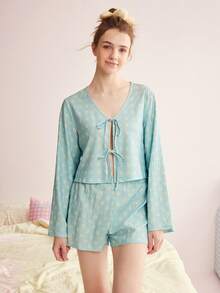 Nora Wilde Eraneu/2pcs Fresh Daisy Print Tie-Up Long Sleeve + Shorts Home Pajama Set Women's Pajama Set - Blue - View 4