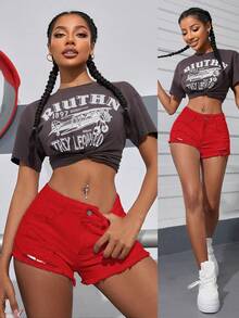 SHEIN PETITE 女士休闲日常牛仔短裤，带口袋和做旧设计 - 紅色 - 查看 8