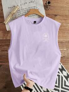 Manfinity Joysei Men's Letter & Coconut Tree Print Crew Neck Tank Top - Purple - View 2