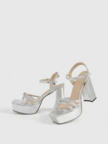 CUCCOO LuxiPop Women's High-Heeled Sandals Sexy Nightclub Style, Night Out Party, Summer Wear, Travel Essentials, Thick-Soled Thick Heels - Silver - View 7
