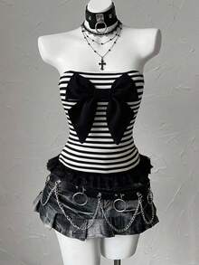 Attitoon Women's Bow Decor Striped Fashionable Bandeau Top - Black and White - View 4