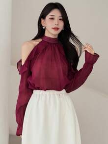 DAZY Top de verão suave estilo INS rosa com decote halter, manga comprida em chiffon, ombros descobertos e bainha com folhos, top elegante de férias para mulher - Roxa - Ver 5