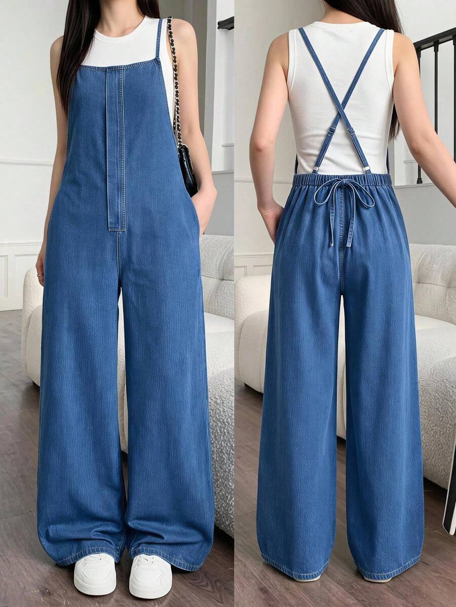 SHEIN Teen Girls Fashon Y2k Cute Blue Denim Halter-Top Loose-Fitting Comfortable One-Piece Long Pants Jean Back-To-School Graduation Summer - Blue - View 1