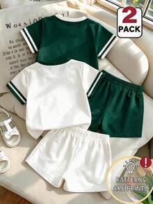 SHEIN Ensemble top et short imprimé fraise & fleurs blanches pour jeunes filles, style d'été confortable convenant au printemps, à l'été et à l'automne, blanc & vert foncé, décontracté, ensemble t-shirt et short pour filles, style de rue mignon et à la mode, convenant à toutes les saisons, tenue de vacances mignonne, ensemble 2 pièces pour filles 4Y-7Y, saison de la rentrée scolaire, palette de couleurs vintage - Blanc - Voir 2