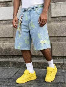 Manfinity Homme Men's Jacquard Distressed Pocket Button Denim Shorts - Blue - View 3